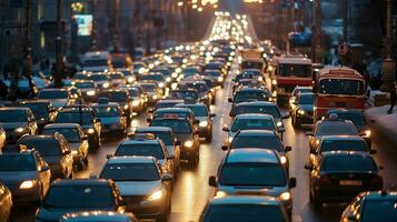 AI generated Traffic jams on the road in winter, winter holidays. Photorealistic, background with bokeh effect. AI generated. photo