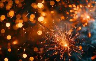 AI generated Golden fireworks, sparklers, festive lights on a dark background. Photorealistic, background with bokeh effect. AI generated. photo