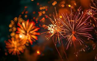 AI generated Golden fireworks, sparklers, festive lights on a dark background. Photorealistic, background with bokeh effect. AI generated. photo