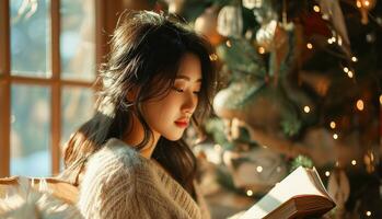 AI generated Young Asian woman is reading a book in a room decorated for the winter holidays. Photorealistic, background with bokeh effect. AI generated. photo