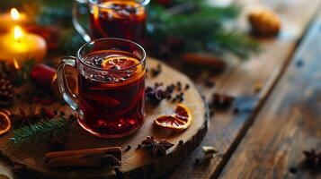 AI generated Mulled wine in beautiful glasses, fruits, oranges, cinnamon, a festive and cozy atmosphere. Photorealistic, background with bokeh effect. AI generated. photo