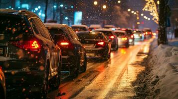 AI generated Traffic jams on the road in winter, winter holidays. Photorealistic, background with bokeh effect. AI generated. photo