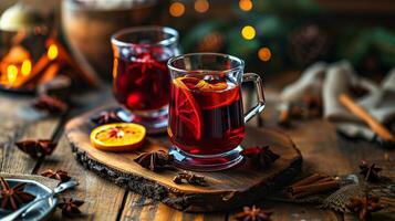 AI generated Mulled wine in beautiful glasses, fruits, oranges, cinnamon, a festive and cozy atmosphere. Photorealistic, background with bokeh effect. AI generated. photo