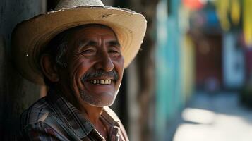 AI generated Portrait of a poor elderly Latin American. A laughing happy man. AI generated illustration. photo