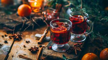 AI generated Mulled wine in beautiful glasses, fruits, oranges, cinnamon, a festive and cozy atmosphere. Photorealistic, background with bokeh effect. AI generated. photo