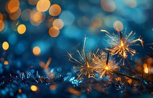 AI generated Golden fireworks, sparklers, festive lights on a blue background. Photorealistic, background with bokeh effect. AI generated. photo