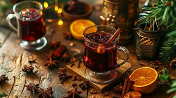 AI generated Mulled wine in beautiful glasses, fruits, oranges, cinnamon, a festive and cozy atmosphere. Photorealistic, background with bokeh effect. AI generated. photo