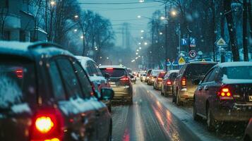 AI generated Traffic jams on the road in winter, winter holidays. Photorealistic, background with bokeh effect. AI generated. photo