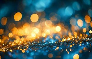 AI generated Golden fireworks, sparklers, festive lights on a blue background. Photorealistic, background with bokeh effect. AI generated. photo