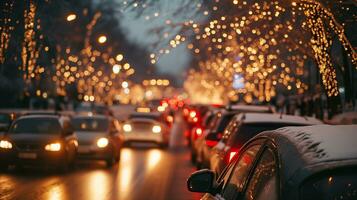 AI generated Traffic jams on the road in winter, winter holidays. Photorealistic, background with bokeh effect. AI generated. photo