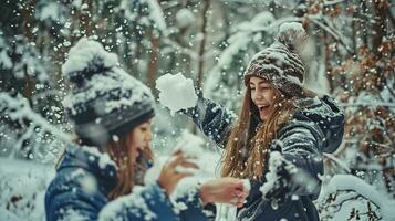 ai generado Adolescente muchachas jugando bolas de nieve en el invierno bosque, cerca arriba. divertido, invierno, invierno vacaciones, vacaciones fotorrealista, antecedentes con bokeh efecto. ai generado. foto