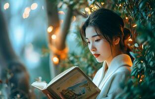 AI generated Young Asian woman is reading a book in a room decorated for the winter holidays. Photorealistic, background with bokeh effect. AI generated. photo