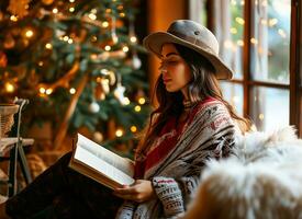 ai generado joven latín americano, pelinegro europeo mujer es leyendo un libro en un habitación decorado para el invierno vacaciones. fotorrealista, antecedentes con bokeh efecto. ai generado. foto