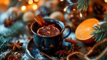 AI generated Mulled wine in beautiful glasses, fruits, oranges, cinnamon, a festive and cozy atmosphere. Photorealistic, background with bokeh effect. AI generated. photo