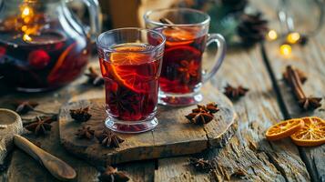 AI generated Mulled wine in beautiful glasses, fruits, oranges, cinnamon, a festive and cozy atmosphere. Photorealistic, background with bokeh effect. AI generated. photo