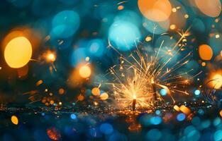 AI generated Golden fireworks, sparklers, festive lights on a blue background. Photorealistic, background with bokeh effect. AI generated. photo