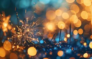 AI generated Golden fireworks, sparklers, festive lights on a blue background. Photorealistic, background with bokeh effect. AI generated. photo