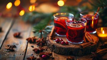 AI generated Mulled wine in beautiful glasses, fruits, oranges, cinnamon, a festive and cozy atmosphere. Photorealistic, background with bokeh effect. AI generated. photo