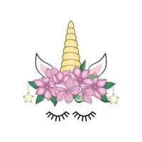 linda unicornio cabeza con flor corona. vector