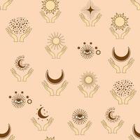 Magic seamless pattern with constellations, sun, moon, magic eyes, clouds and stars. Mystical esoteric vector