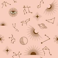 Magic seamless pattern with constellations, sun, moon, magic eyes, clouds and stars. Mystical esoteric vector