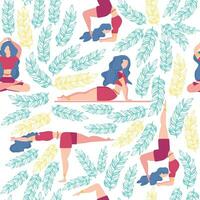 Seamless pattern Plus size curvy girls doing yoga class. Online home workout concept. Body positive vector