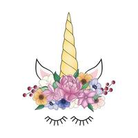 Cute unicorn head with flower crown. vector