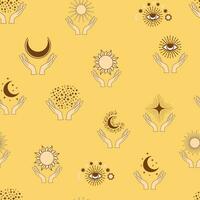 Magic seamless pattern with constellations, sun, moon, magic eyes, clouds and stars. Mystical esoteric vector