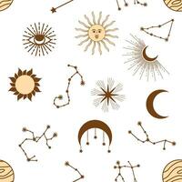 Magic seamless pattern with constellations, sun, moon, magic eyes, clouds and stars. Mystical esoteric vector