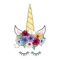 Cute unicorn head with flower crown. vector