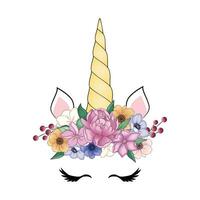 Cute unicorn head with flower crown. vector