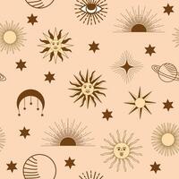 Magic seamless pattern with constellations, sun, moon, magic eyes, clouds and stars. Mystical esoteric vector