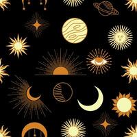 Magic seamless pattern with constellations, sun, moon, magic eyes, clouds and stars. Mystical esoteric vector