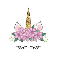 linda unicornio cabeza con flor corona. vector