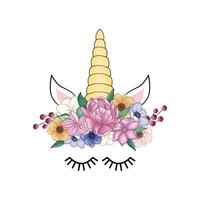 Cute unicorn head with flower crown. vector