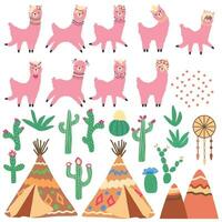Cute llamas, cacti, Alps mountains, dream catcher, rainbows and hearts vector