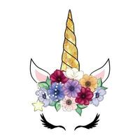 Cute unicorn head with flower crown. vector