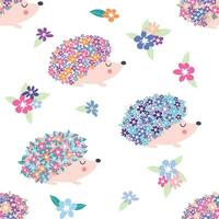 Seamless childish pattern with floral hedgehog with flowers and cute hedgehogs on a white background. vector