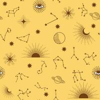 Magic seamless pattern with constellations, sun, moon, magic eyes, clouds and stars. Mystical esoteric vector