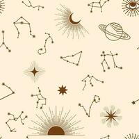 Magic seamless pattern with constellations, sun, moon, magic eyes, clouds and stars. Mystical esoteric vector