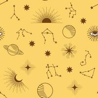 Magic seamless pattern with constellations, sun, moon, magic eyes, clouds and stars. Mystical esoteric vector