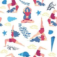 Seamless pattern Plus size curvy girls doing yoga class. Online home workout concept. Body positive vector