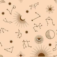 Magic seamless pattern with constellations, sun, moon, magic eyes, clouds and stars. Mystical esoteric vector