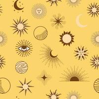 Magic seamless pattern with constellations, sun, moon, magic eyes, clouds and stars. Mystical esoteric vector