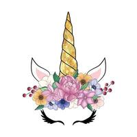 linda unicornio cabeza con flor corona. vector