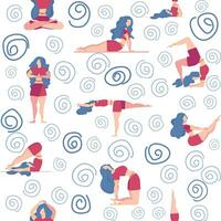 Seamless pattern Plus size curvy girls doing yoga class. Online home workout concept. Body positive vector