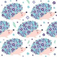 Seamless childish pattern with floral hedgehog with flowers and cute hedgehogs on a white background. vector