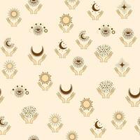 Magic seamless pattern with constellations, sun, moon, magic eyes, clouds and stars. Mystical esoteric vector