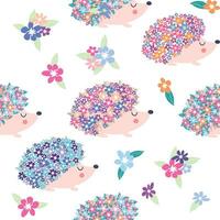 Seamless childish pattern with floral hedgehog with flowers and cute hedgehogs on a white background. vector