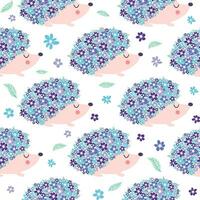 Seamless childish pattern with floral hedgehog with flowers and cute hedgehogs on a white background. vector